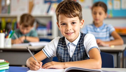 A young boy smiles and writes in a classroom