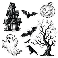 A collection of hand-drawn, spooky Halloween icons featuring a haunted house, ghost, bats, pumpkin, and a bare tree.