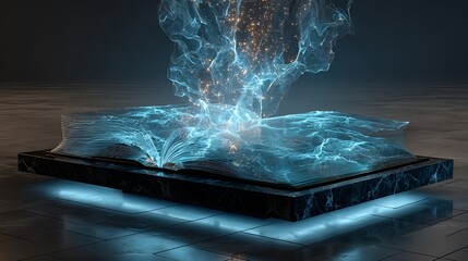 Futuristic glowing book with magical light effect knowledge and learning concept