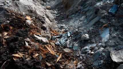 Close-up view of a diverse collection of rocks, soil, and organic debris intermingled in a natural landscape.