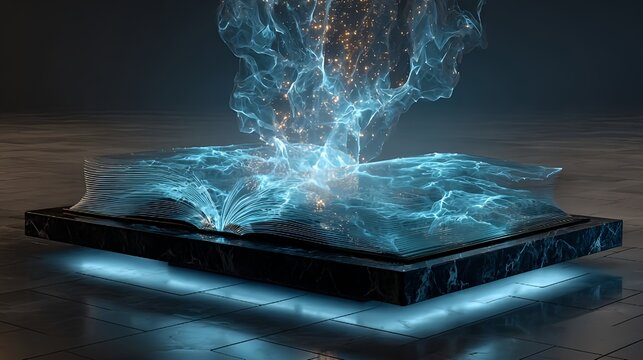 Futuristic glowing book with magical light effect knowledge and learning concept