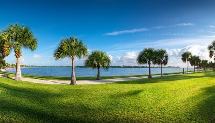 florida palm trees by water lush green grass sunny day