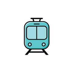 Stylized Light Blue Train Icon with Black Outline and Tracks Illustration.