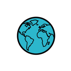 Stylized blue Earth globe illustration with black continent outlines.