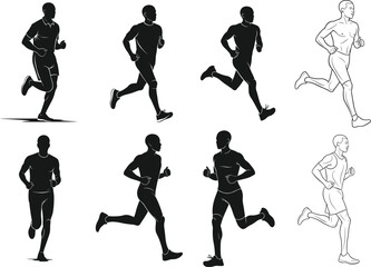 Running silhouette vector set, multiple poses, athletic sprint, sports design, profile view runner, fitness motion, dynamic movement, exercise illustration, track and field