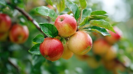 Ripe Apples on Branch: Capturing the freshness of nature, ripe apples hang gracefully on a tree branch, adorned with dew drops and embodying the essence of a bountiful harvest.