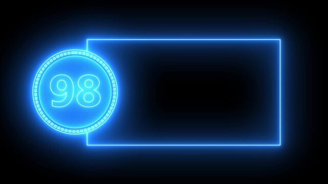 Blue Neon Number 98 In Circle With Rectangular Frame On Black Background ninety eight digit