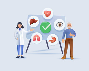 Aging and senior health isolated 3D render vector illustrations. Elderly man consults with a doctor, taking care