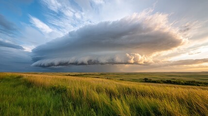 Stormy Horizon: The imposing silhouette of a massive cumulonimbus cloud hangs low over the vast expanse of a vibrant grassland, a dramatic spectacle of atmospheric power.