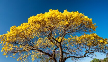 capture a captivating shot of a yellow ipe tree in full bloom where radiant yellow blossoms stand out against vivid green leaves and a clear blue sky