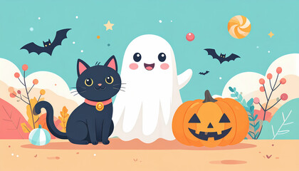 Cute Halloween Cartoon Illustration with Smiling Black Cat, Happy Ghost, Pumpkin Jack O Lantern, Flying Bats, Candy, Colorful Autumn Leaves, Kawaii Festive Spooky Holiday Background