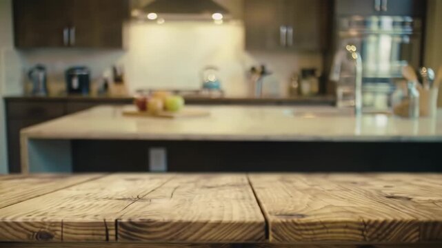 Rustic wooden table, blurred kitchen background, fruit, food display