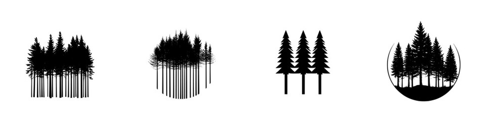 Obraz premium Stylized black-and-white vector silhouettes of various tree formations in a minimalist and modern design