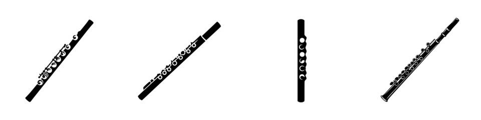 Fototapeta premium Vector illustration of minimalist black-and-white flute silhouettes in various orientations for musical themes