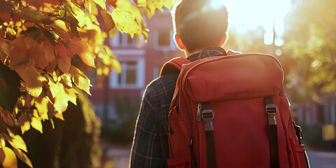 AI Generated - Man with a red backpack walking down the street, surrounded by trees and a building in the background. Commercial illustration artwork for business applications. High-resolution.