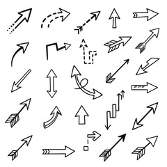 Collection of hand drawn black arrows pointing in various directions on a white background design element