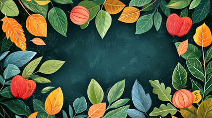 AI Generated - Dark background with a frame of tropical leaves and fruits, creating a vibrant and eye-catching display. Commercial illustration artwork for business applications. High-resolution.