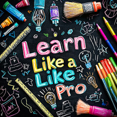 AI Generated - Blackboard with the words "Learn Like a Like Pro" written on it, along with a variety of colorful pencils, a scale, a light bulb, and other objects. Commercial illustration artwork.