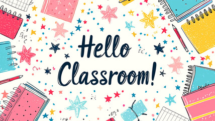 AI Generated - White background with the words "Hello Classroom" written in the center, surrounded by books, pencils, stars, and other objects. Commercial illustration artwork for business. -