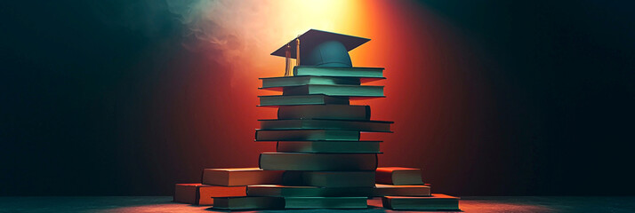 AI Generated - Stack of books with a graduation cap on top of them, illuminated by a light in the background. Commercial illustration artwork for business applications. High-resolution. Premium.