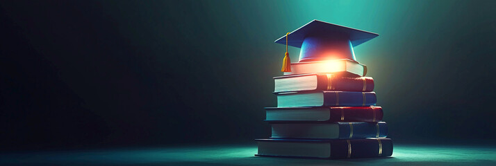 AI Generated - Stack of books with a graduation cap on top of them, illuminated by a light in the background. Commercial illustration artwork for business applications. High-resolution. Premium.