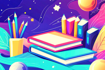 AI Generated - Pile of books sitting on top of a table next to a pencil holder filled with colorful pencils. Commercial illustration artwork for business applications. High-resolution. Premium.