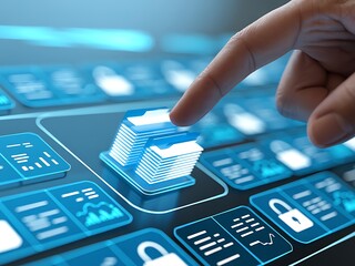 Finger touching glowing digital interface with file icons