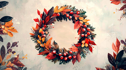 AI Generated - Painting of a wreath made of autumn leaves and berries on a white background. Commercial illustration artwork for business applications. High-resolution. Premium quality. Professional.