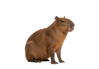 An adult capybara with reddish-brown fur, calm and composed, on a transparent studio background with ample copy space, concept of tranquil distinctiveness
