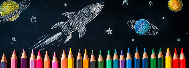 AI Generated - Blackboard with a variety of colored pencils arranged in a row, each with a drawing of a rocket, planets, stars, and other celestial objects. Commercial illustration artwork. -