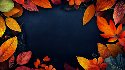 AI Generated - Frame of vibrant autumn leaves on a dark background, creating a beautiful contrast between the bright colors of the leaves and the darkness of the background. Commercial illustration.