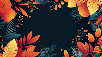 AI Generated - Dark background with a frame of vibrant autumn leaves in various shades of red, orange, yellow, and green. Commercial illustration artwork for business applications. High-resolution.
