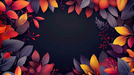 AI Generated - Dark background with a frame of vibrant autumn leaves in various shades of red, orange, and yellow, creating a beautiful and eye-catching wallpaper. Commercial illustration artwork.