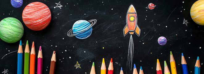 AI Generated - Blackboard with a variety of colored pencils and planets drawn on it. Commercial illustration artwork for business applications. High-resolution. Premium quality. Professional grade.