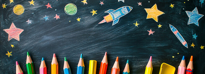 AI Generated - Blackboard with a variety of colored pencils and stars drawn on it. Commercial illustration artwork for business applications. High-resolution. Premium quality. Professional grade.