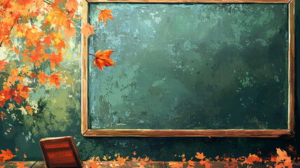 AI Generated - Painting of a blackboard with autumn leaves scattered on the floor in front of it. Commercial illustration artwork for business applications. High-resolution. Premium quality.