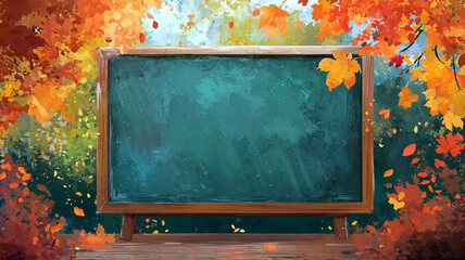 AI Generated - Blackboard in the middle of a forest with autumn leaves scattered around it. Commercial illustration artwork for business applications. High-resolution. Premium quality. Professional.