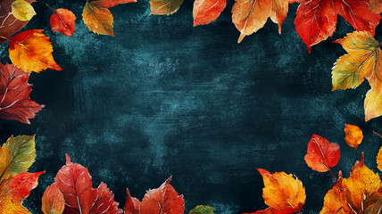 AI Generated - Blackboard with autumn leaves scattered across it, creating a vibrant and colorful background. Commercial illustration artwork for business applications. High-resolution. Premium.
