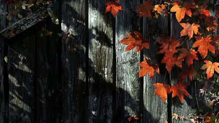 AI Generated - Wooden fence with a bunch of red maple leaves hanging from it. Professional stock photography for commercial use. High-resolution. Premium quality. Professional grade. Detailed.
