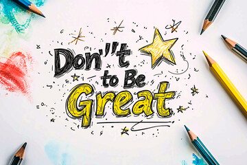 AI Generated - White paper with the phrase "don't to be great" written in bold black lettering, accompanied by a few colored pencils scattered around it. Commercial illustration artwork for business.