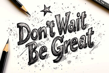 AI Generated - White paper with the phrase "don't wait, be great" written in black ink, accompanied by two pencils on either side. Commercial illustration artwork for business applications. -