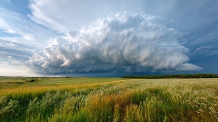 Obraz premium Dramatic Cloudscape Over Landscape: A panoramic view of a vast, open field under a dynamic sky, where a monumental cloud formation dominates the scene, creating a powerful and awe-inspiring vista.
