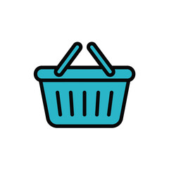 Flat design blue shopping basket icon with black outline and two handles.