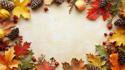 AI Generated - Frame made of autumn leaves and pine cones on a white background. Commercial illustration artwork for business applications. High-resolution. Premium quality. Professional grade.