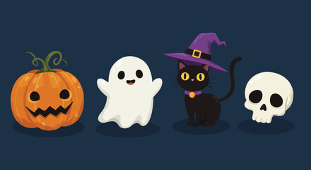 Halloween pumpkin ghost black cat with witch hat and skull vector illustration in dark background 