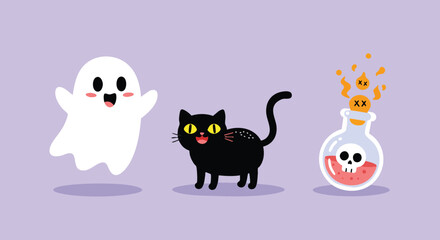Fototapeta premium Cute ghost, black cat, and spooky potion Halloween vector illustration in purple background 