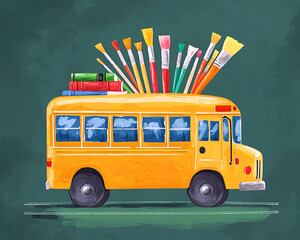 AI Generated - Yellow school bus with books and paintbrushes on top of it, set against a green background. Commercial illustration artwork for business applications. High-resolution. Premium quality.