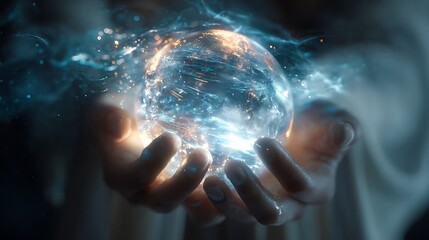 Holds glowing orb in hands. Represents power, energy, magic, future tech. Use for concepts, web design, marketing, spiritual themes.
