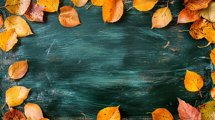 AI Generated - Blackboard with autumn leaves scattered across it, creating a beautiful contrast between the vibrant colors of the leaves and the dark background. Commercial illustration artwork.