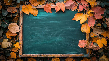 AI Generated - Green chalkboard surrounded by autumn leaves. Commercial illustration artwork for business applications. High-resolution. Premium quality. Professional grade. Detailed composition.